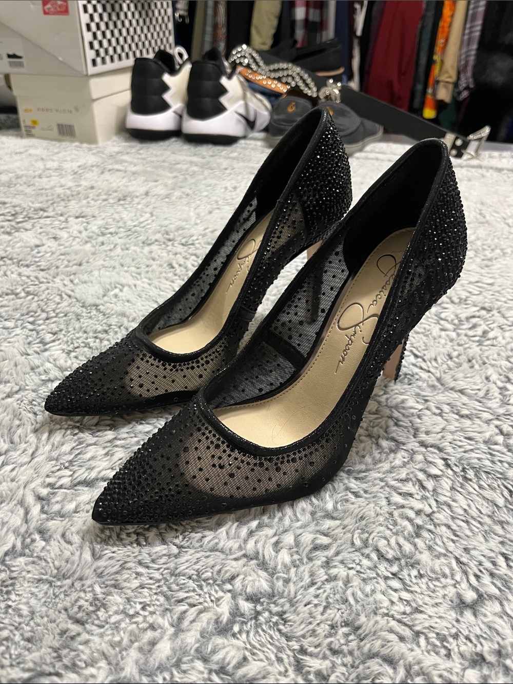 Jessica Simpson Black Mesh Pointed Rhinestone Heels - Picture 3 of 7